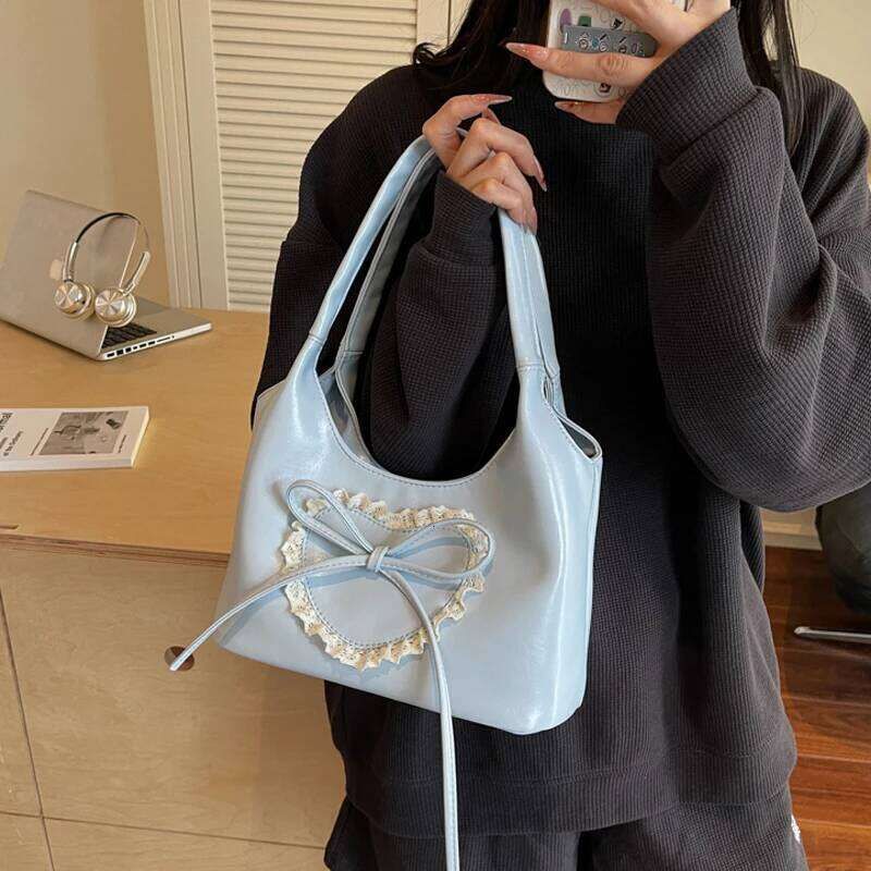 Korean Style Lace Splicing Bow Shoulder Bags Women's Large Capacity Casual Versatile Handbags New Daily Commuting Underarm Pack Y260205