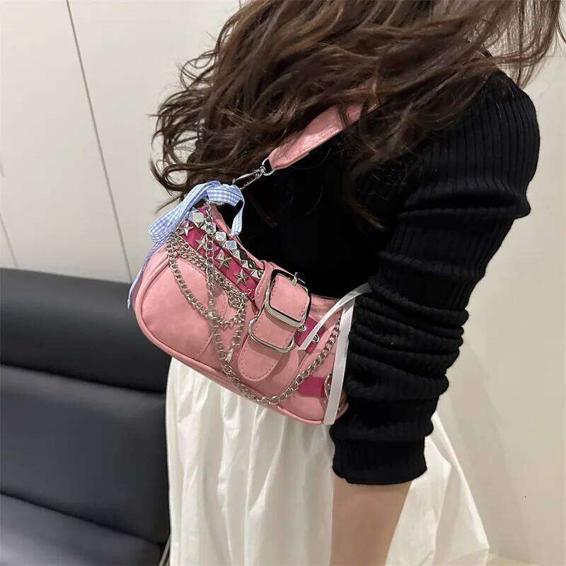 Y2k Retro Womens Chain Shoulder Bags PU Leather Ladies Small Underarm Sweet Bow Star Trend Female Crossbody Bag Handbags Y260205