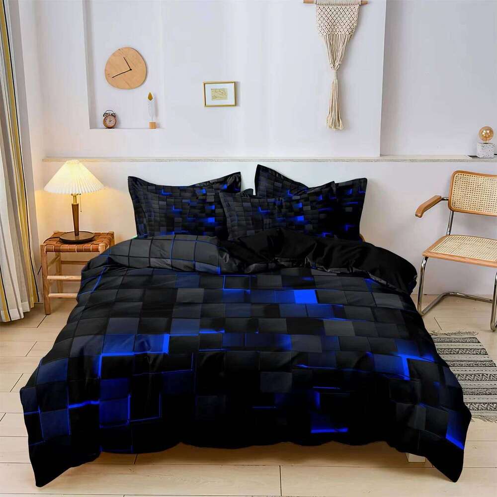 Black Geometric Duvet Set 3D Square Pattern Comforter Cover Kids Teenagers Boys Bedroom Decor Blue Creative Bedding XJ260206