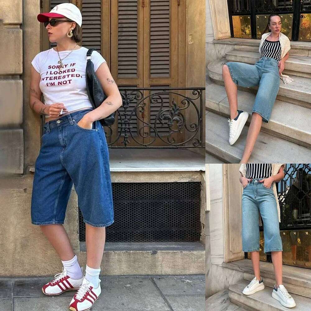 Jeans Women Denim Shorts Vintage Straight Pants Washed Distressed Mid Waist Pockets Basics Calf Length Trousers Denims C260206