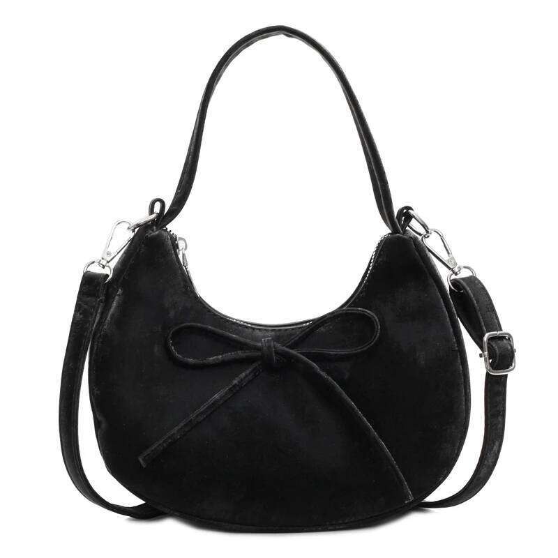 Half Moon Solid Zipper PU Shoulder and Crossbody Bags Simple Fresh Versatile Bow Compact Handbags for Women 2025 Fashion New Y260205