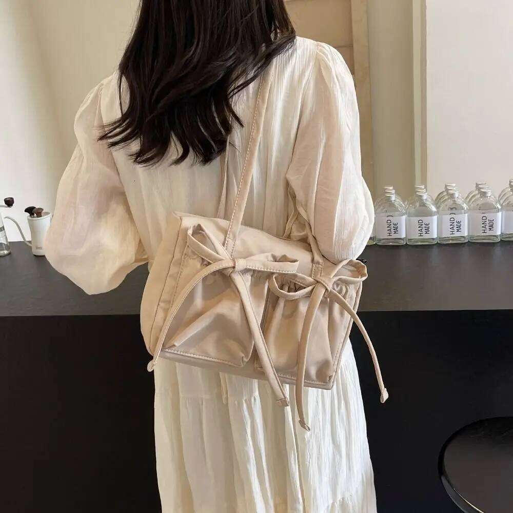 Leisure Bowknot Bow Nylon Tote Korean Style Large Capacity Underarm Canvas Handbag Pleated Shoulder Bag Unisex Y260205