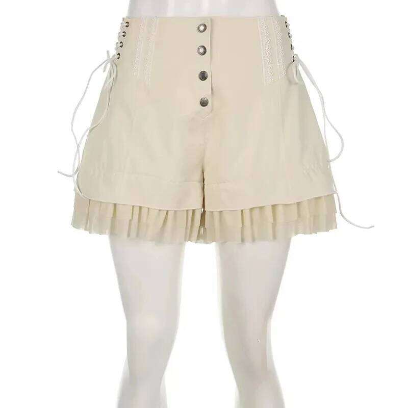 Girls Y2K Lolita Style Cute Sweet Soft Mesh Tiered Ruffle Wide Side Bandage Khaki Shorts Skirt Hot Pants XJ260206