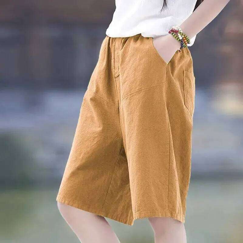 High Waist Cotton Linen Women's Shorts Summer New Loose Wide Leg Pants Casual Trendy Straight Cut Mid Length Trousers XJ260206