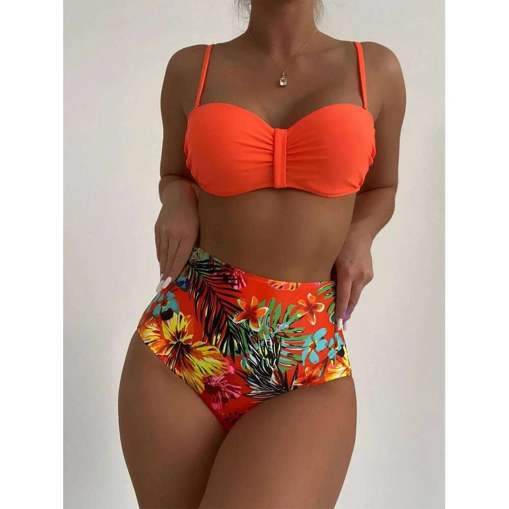 floral push up bikinis sets bandeau high waist swimsuit Swimwear Biquini conjunto de bikini Woman beach outfits bakini monokini XJ260206