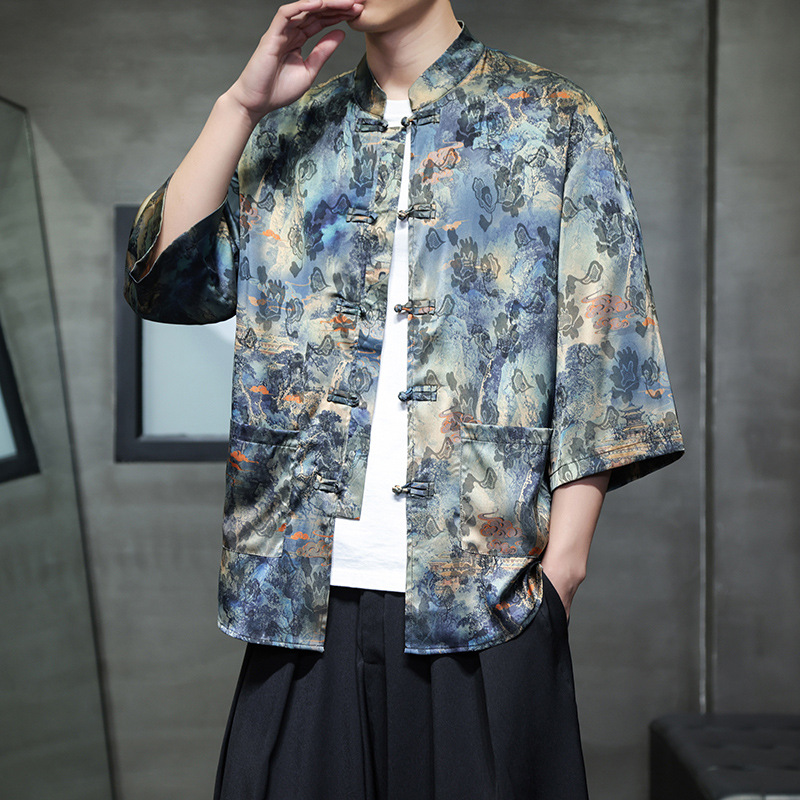 2026 New Chinese Style Summer Men Ice Silk Short Sleeve Shirt Mandarin Collar with Frogging Chinese Fashion