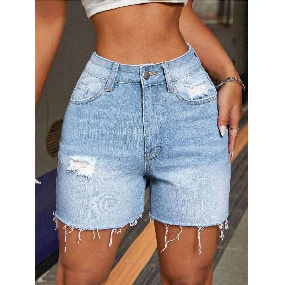 Women Summer Street Denim Shorts High Waist Ripped Hole Stretch Jean Short Pants XJ260206