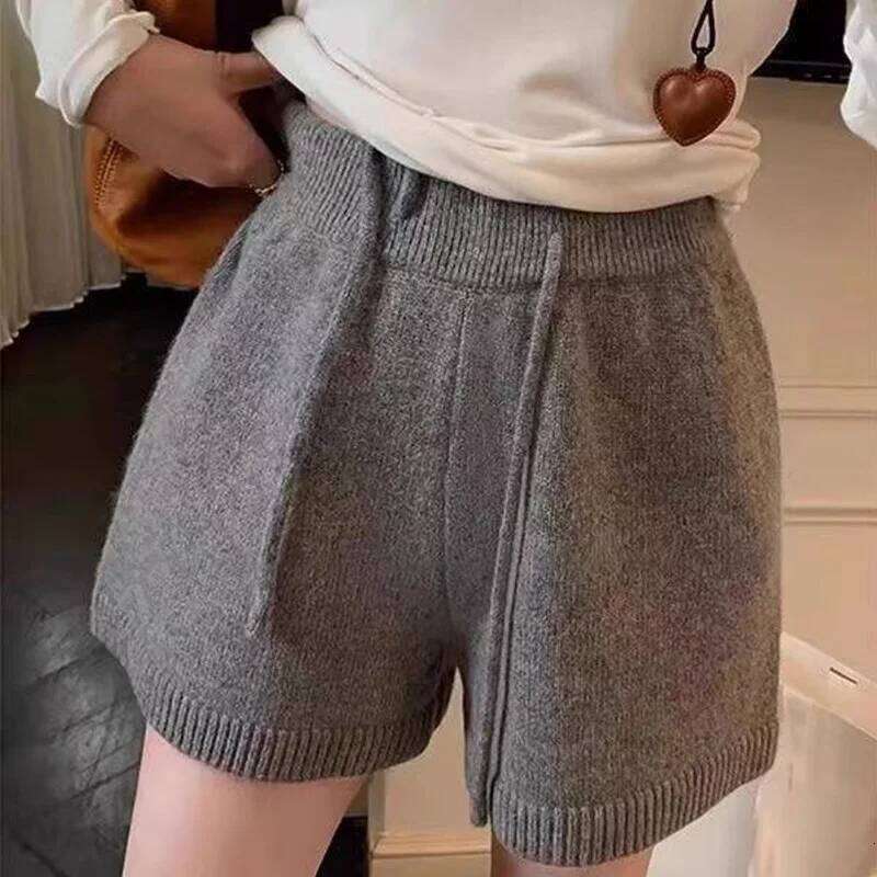 Women Clothing Autumn Winter Casual Streetwear Y2K Basic Wide Leg Knit Shorts Female Elastic High Waist Solid Loose Short Pants XJ260206