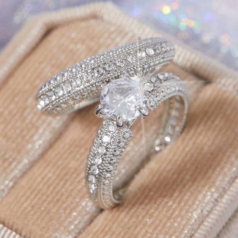 2Pcs New Sparkling Inlaid Zirconia Wedding Ring Women's Elegant Couple Engagement Banquet Party Jewelry Gift W260206