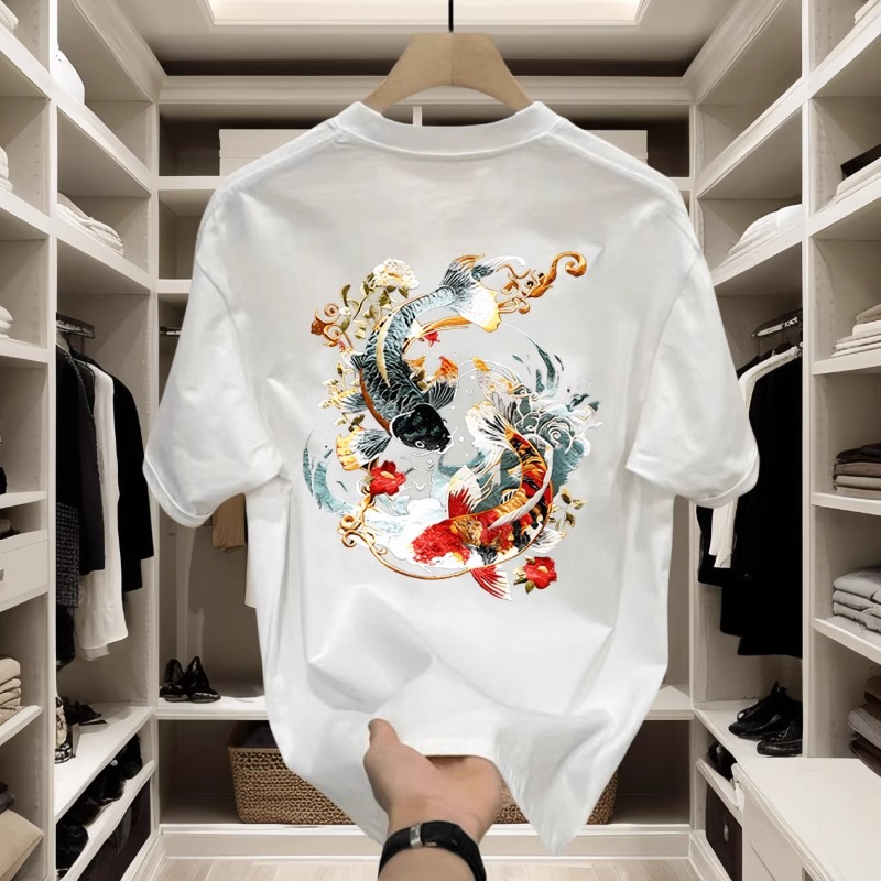 Summer 2026 New Koi Fish Print Design Short Sleeve Fashion Vintage Chinese Style Relaxed Fit Casual Round Neck T-Shirt Free Shipping