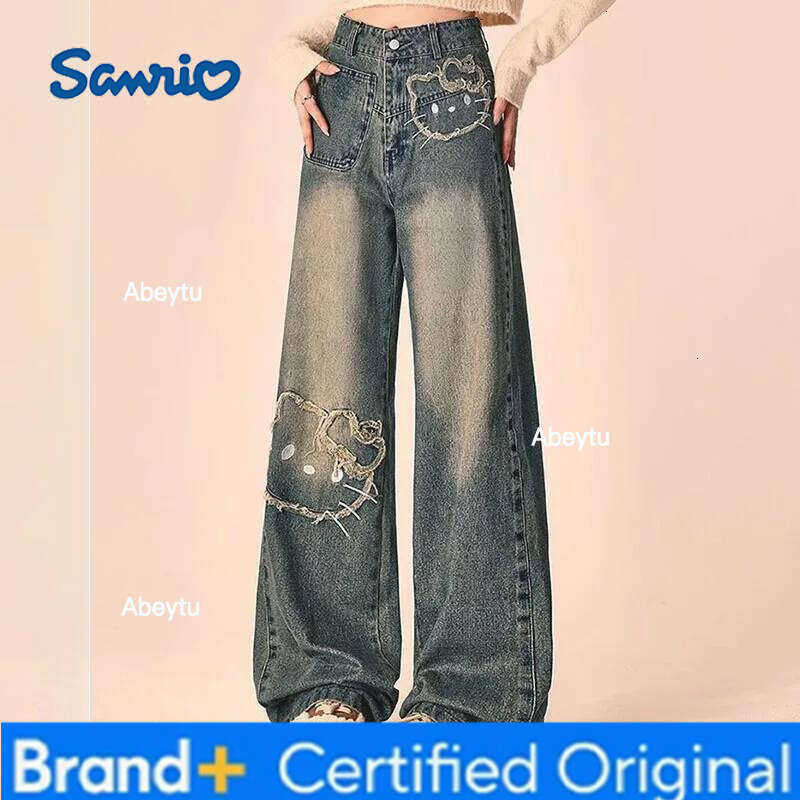 Sanrio Street Vintage Embroidered Pic Wide Leg Jeans Women's Summer New High Waist Loose Elegant Student Straight Denim Trousers H260206