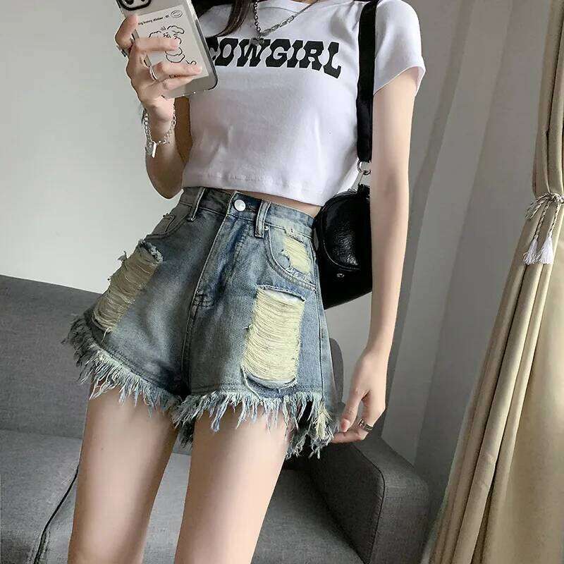 Street Personality Washed Ripped Denim Shorts. New Summer Fashion Retro "Make Old" Loose High-waisted A-line Shorts for Women C260206