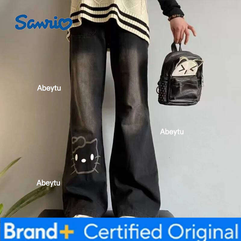 Sanrio Hello Kitty 2025 New Children Jeans Kawaii Girls Autumn High Waist Black Wide Leg Straight Pants Holiday Birthday Gifts H260206