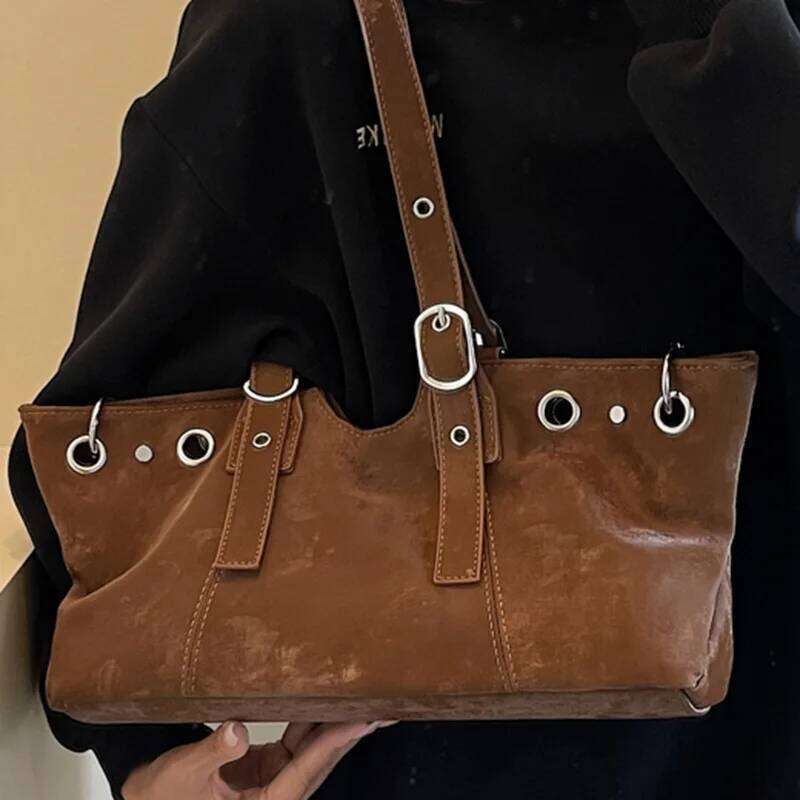 Y2K Baddie Shoulder Studded Punk Motorcycle Purse Small Retro PU Leather Underarm for Women Edgy Commuter Crossbody Bag Y260205