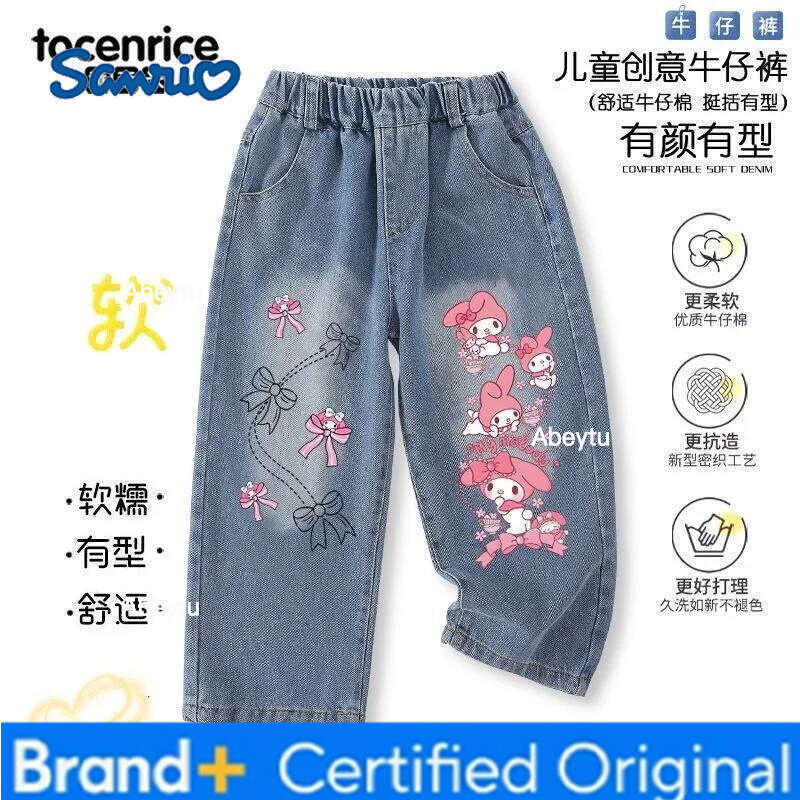 Sanrio Hello Kitty Cinnamoroll Kuromi My melody Kawaii girls soft denim spring and autumn new pants children's clothing H260206