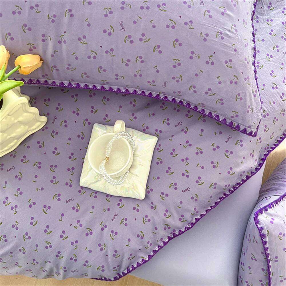 Washed Cotton Duvet Cover Purple Cherry Bed Sheet Pillowcase for Adults and Kids Home Textiles Four-piece Bedding Set XJ260206