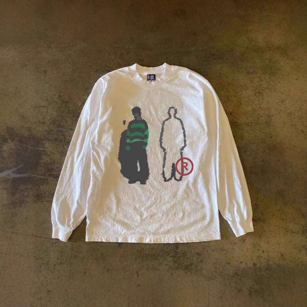 300g heavyweight pure cotton! retro oversized European and American trendy brand printed men's long-sleeve T-shirt with cuffed sleeves