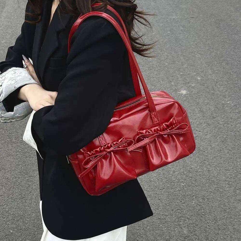 Cute Designer Ribbons Bowling Tote Korean Large Capacity Bow Tie Shoulder Bag Y2k Ballet Pu Leather Women's Handbag Girls Y260205