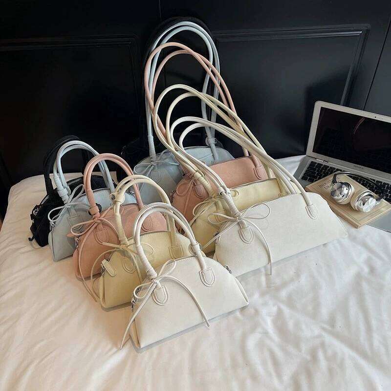 Summer Women Fashion Shoulder Bag Solid Color PU Zipper Bow Texture Handbag Korean Casual Retro Female Commuting Bags Y260205