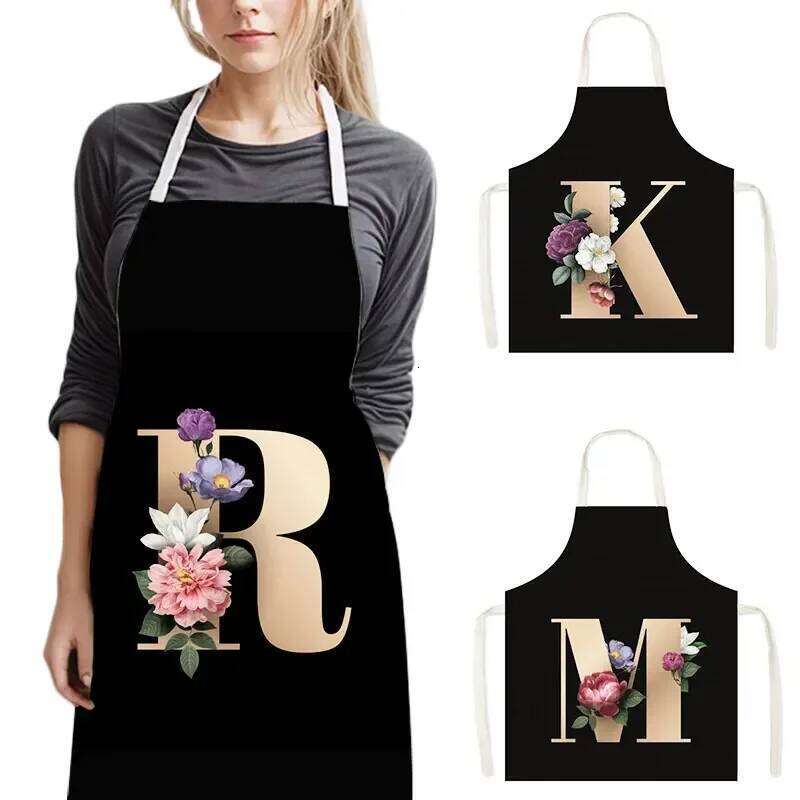 26 Initials Flower Print Kitchen Apron A-Z Letter Women Cooking Aprons BBQ Chef Waiter Home Baking Cleaning Tool Pinafore S260205
