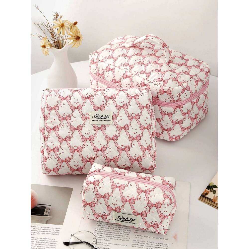 1pc/set Pink Mermaid Bow Quilted Essential Bag for Toiletries Storage, Travel Storage Makeup Bag, Multifuncti Y260206