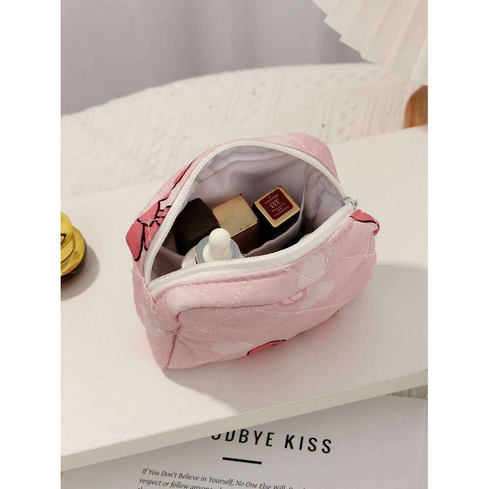 1pc bow quilted cosmetic daily tool storage cute mini bag, fashionable portable makeup bag Y260206