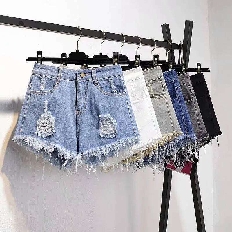 Large Size Denim With Ruffled Shorts Women's Summer High Waisted Loose Hole Wide Leg Student A-line Hot Pants Basic Short Jeans C260206