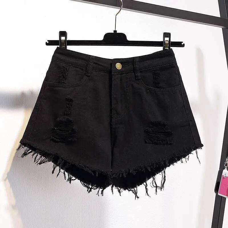 Large Size Denim With Ruffled Shorts Women's Summer High Waisted Loose Hole Wide Leg Student A-line Hot Pants Basic Short Jeans C260206