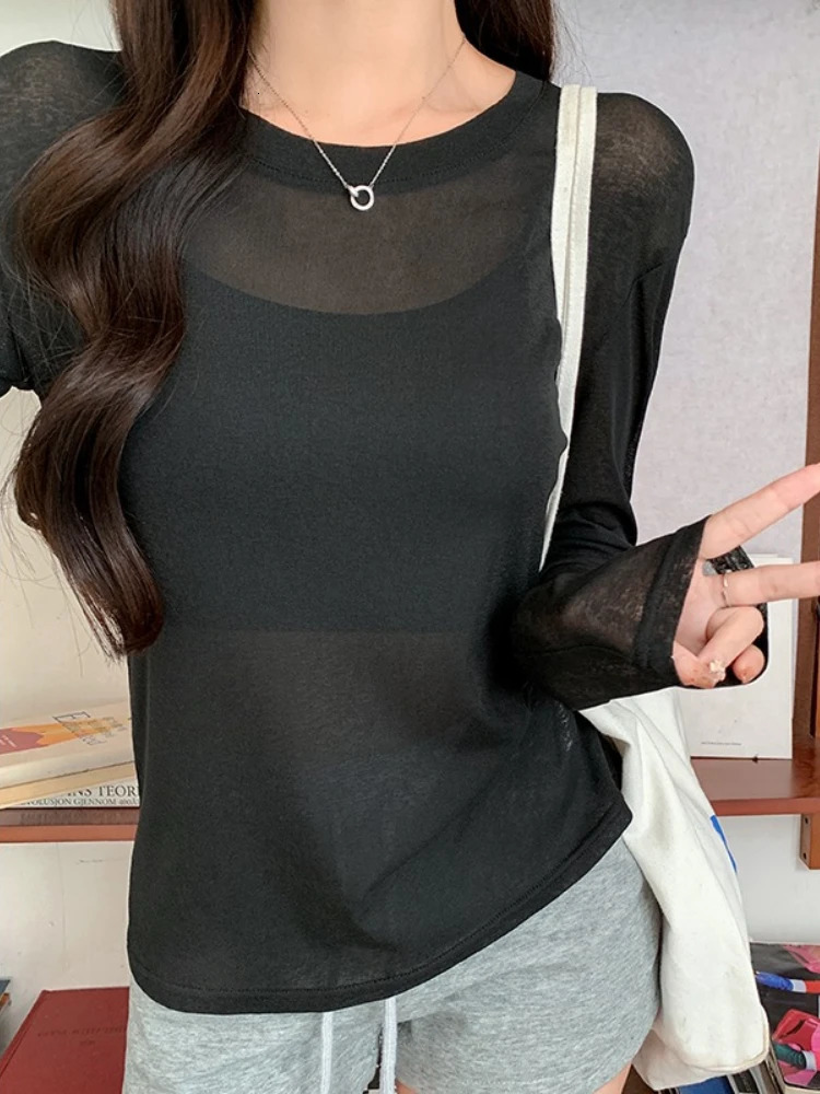 2026 Spring Summer Ice Silk Sun Protection Shirt Long Sleeve Solid Loose Versatile Cover Up Top Sexy Seethrough Women TShirts 260127