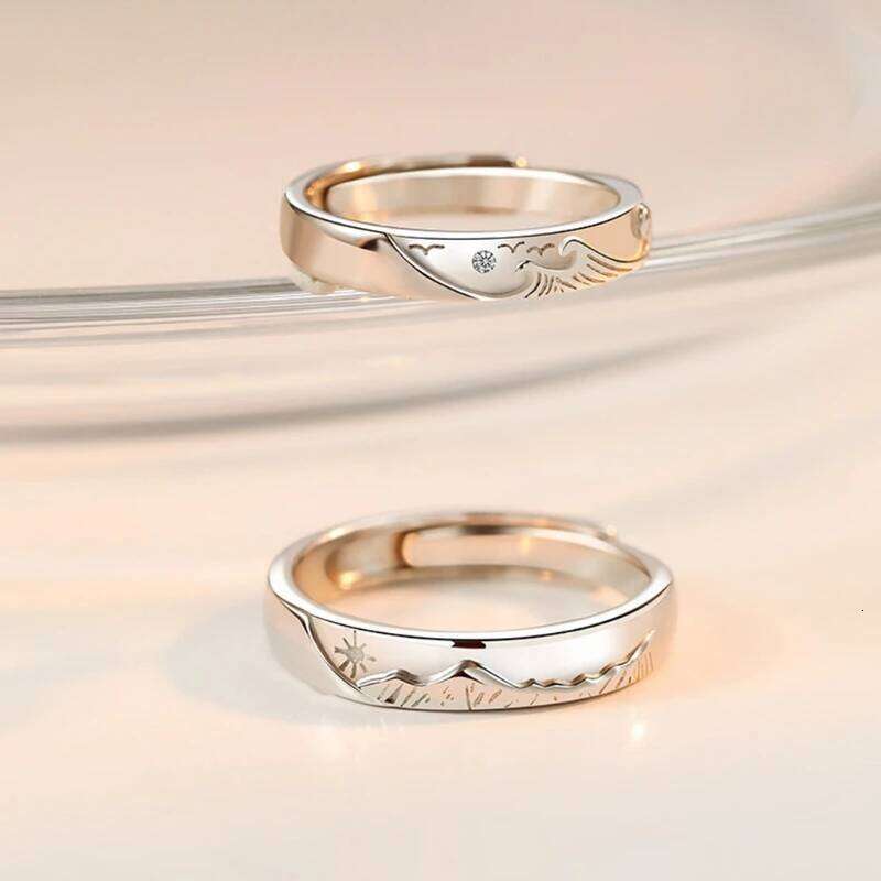2 Pieces Adjustable Matching She and Him Set Rings Mountain Sea Declaration Promise Ring Valentine's Day Gift W260206