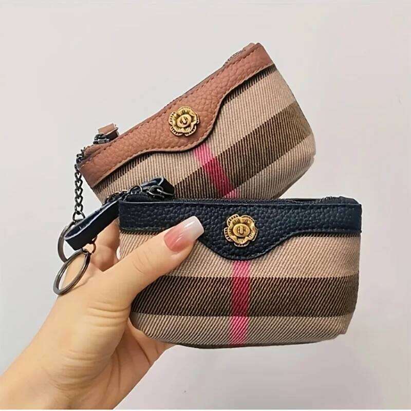 Stylish Womens Zipper Coin Purse - Compact Genuine Leather Wallet with Brown & Beige Striped Design, Perfect for Coins, Keys Y260206