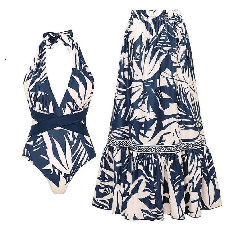 Flaxmaker 2025 Women Summer Sexy V Neck Leaves Print One Piece Swimsuit and Pants/Skirt Femme Retro Swimwear Sets Beachwear Z260206