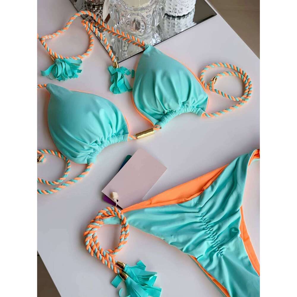 Sexy Solid color Two-piece Triangle Swimwear Women's Swimsuit Braiding rope Bikinis Set Beach Bathing Suit Brazilian Biquinis Z260206