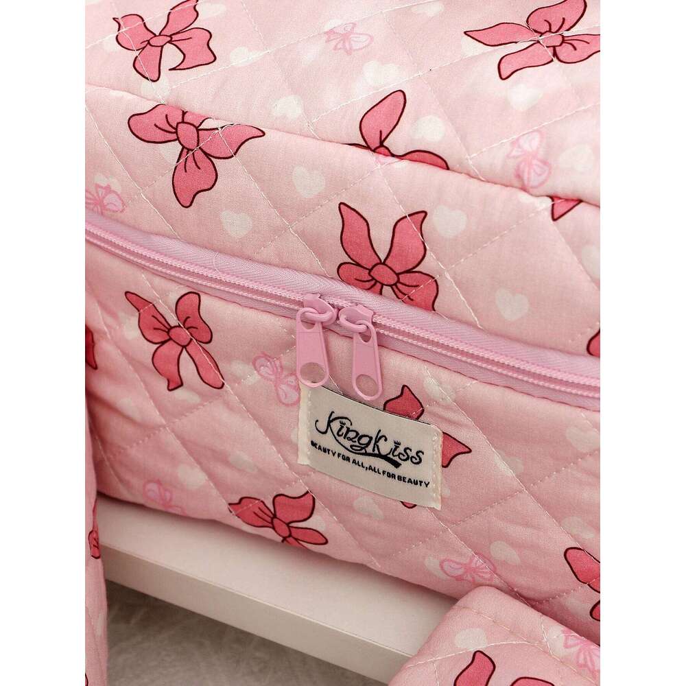 1pc/set pink quilted ribbon bow pattern design, large capacity cute toiletry bag, travel storage makeup bag Y260206
