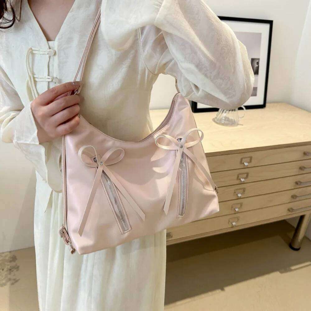 Trendy Shoulder Hot Sale PU Leather Large Capacity Totes Bowknot Casual Messenger Bag Lady Silver Handbags and Purses Y260205