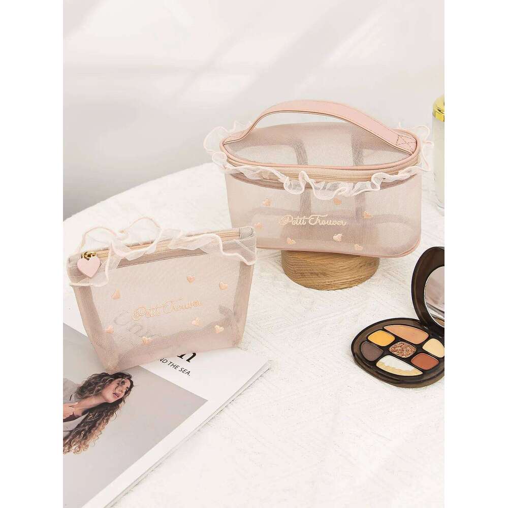 1 piece/set large capacity mesh multifunctional portable toiletries storage bag, ruffle makeup bag Y260206