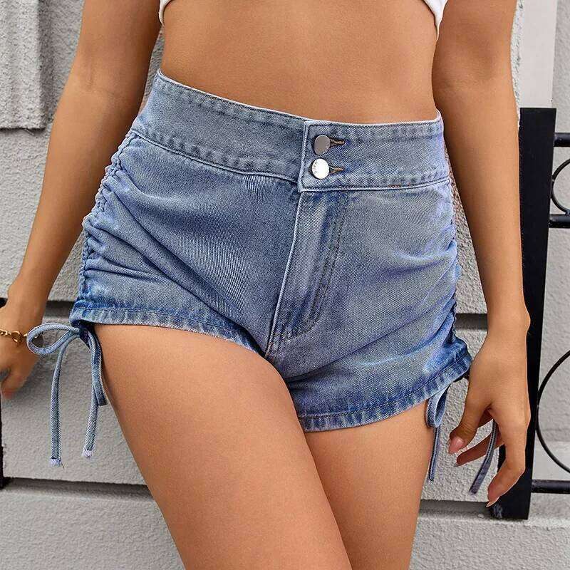 High Waist Drawstring Side Denim Women Summer New Streetwear Retro Matching Casual Wide Leg Jean Shorts C260206