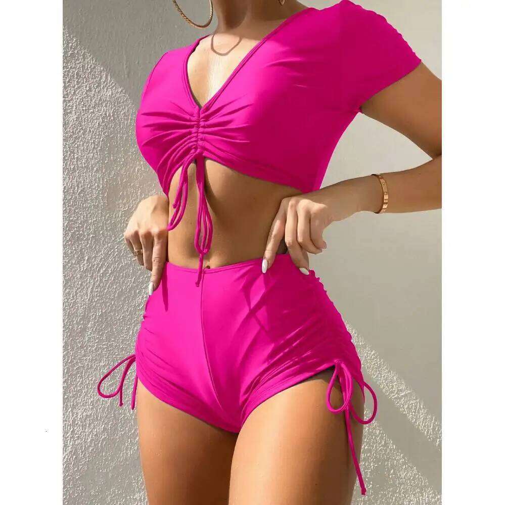 Women Summer Bikini V-Neck Short Sleeve Tops High Waist Bikinis Two Pieces Set Female Swimwear Vacation Outfits Z260206