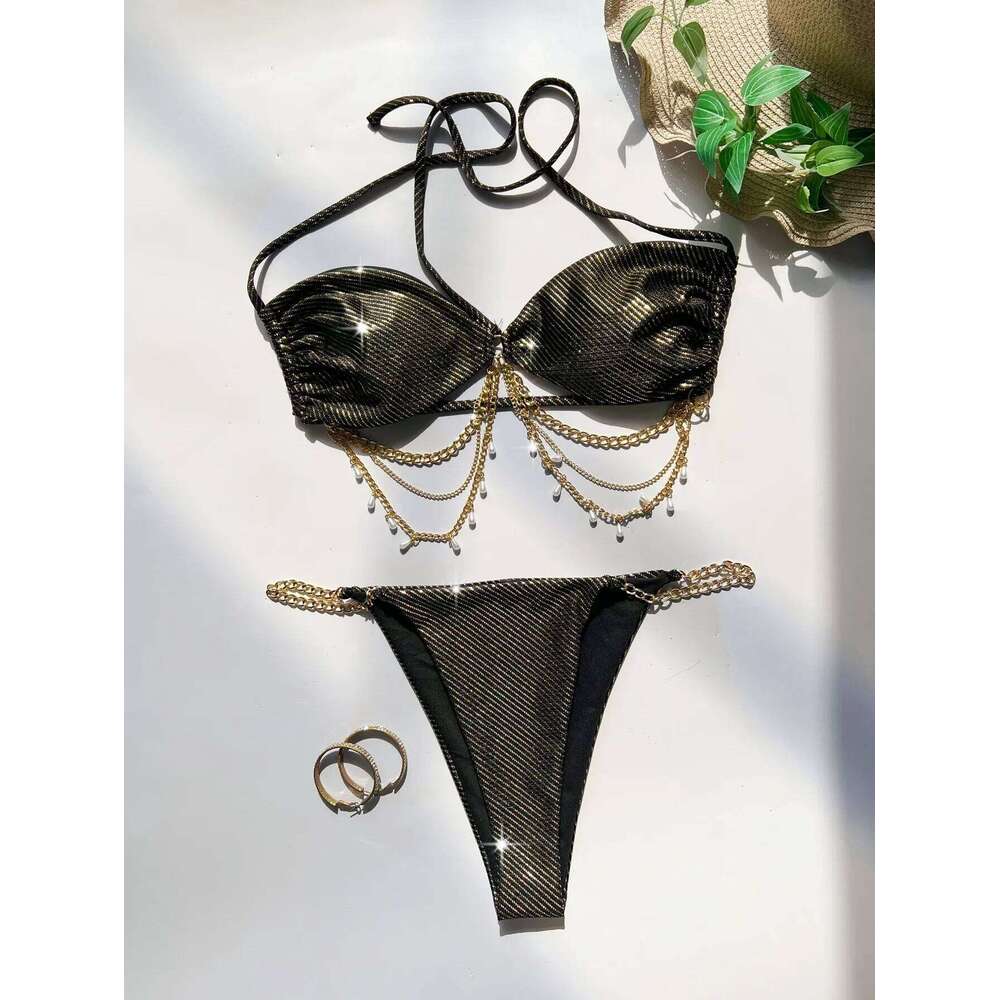 Sexy Brazilian Bikini Push Up Swimwear Women Glitter String 2 Piece Swimsuit Blingbling Chain Bathing Suit Biquini Femme Bather XJ260206