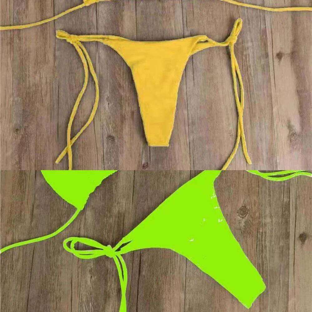 Sexy Women Thong Solid Color Bikini Set Side Halter Tie Swimsuit Ladies Split Strap Adjustable Brazilian Swimwear Soft Beachwear Z260206