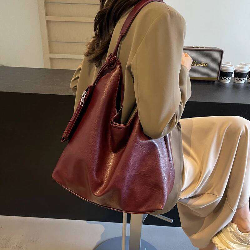 Burgundy 2-IN-1 Shoulder Tote Bags For Women Soft PU Leather Solid Color Large Capacity Shopping Hobo Bag With Coin Purse 2024 Y260205