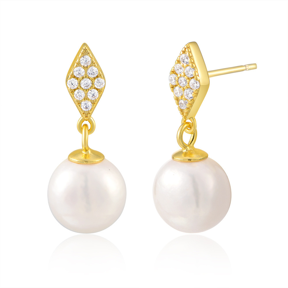 s925 sterling silver geometric diamond-shaped natural pearl for women, simple fashion light luxury style earrings