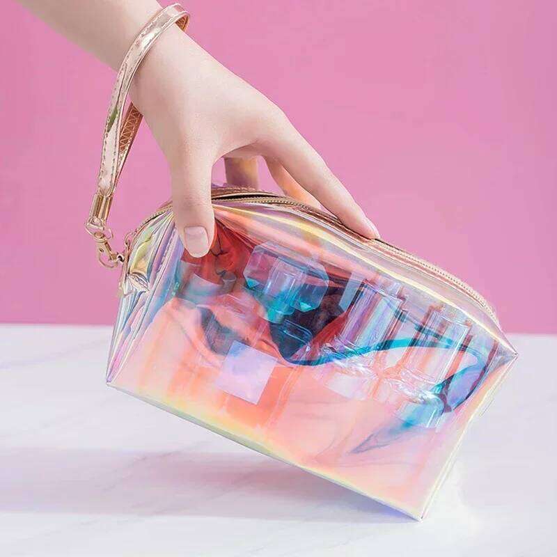 PVC Waterproof Transparent Cosmetic Wash Toiletry Makeup Bag Organizer Female Girls Laser Color Zipper Make Up Beauty Case Y260206
