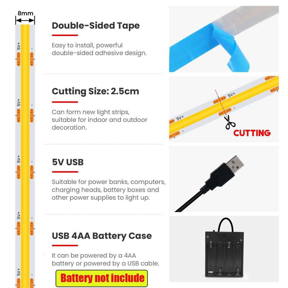 DC 5V USB COB Strip With 4AA Battery Box White/Red/Ice Blue/Pink/Yellow 320Leds/M 0.5M-5M TV Backlight Ribbon Rope LED Light Z260206
