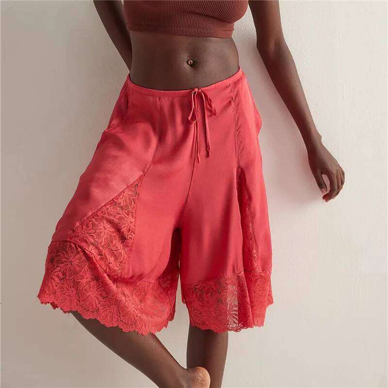 Women Lace Trim Shorts Y2k Satin Low Rise Half Slip Pajamas Cute Bow Coquette Pettipants Bloomers Patchwork Lounge Midi Pants XJ260206