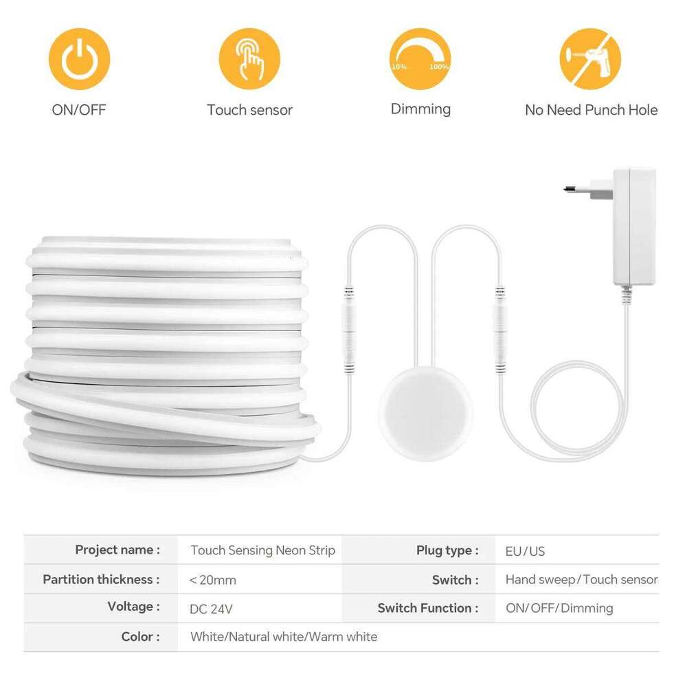 COB LED Neon Strip Light DC24V, Touch Dimmer Behind Wood/Glass, No Drill Needed, Pure Silicone, for Cabinet Wardrobe Mirror Z260206