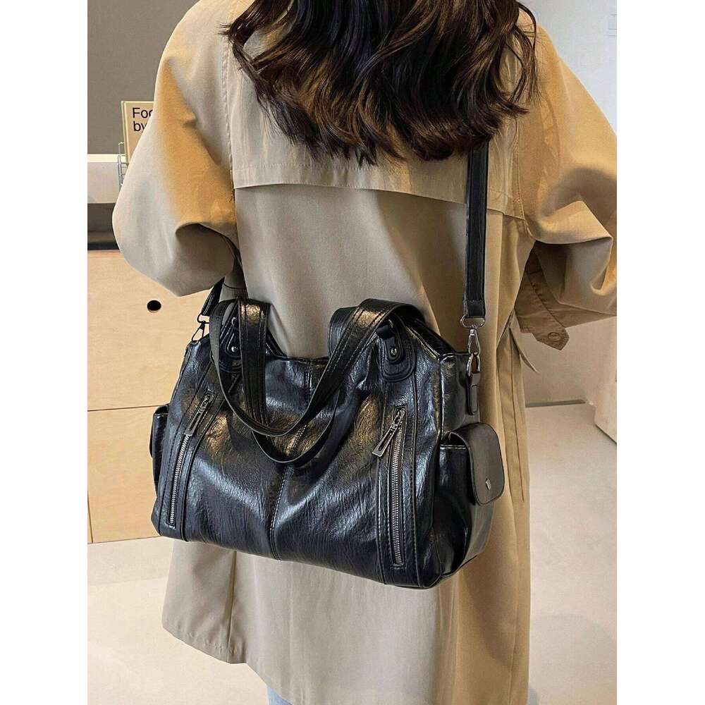 Retro Large Capacity Waterproof Business PU Tote Multi-Pocket Design Shoulder Bag, Multifunctional Travel Crossbody Bag Y260205