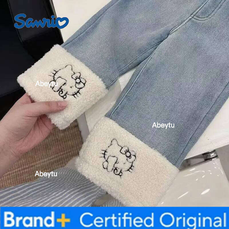 Sanrio Hello Kitty Baby Jeans for Girls Comfortable Patchwork Straight Leg Pants Cute Autumn Winter Kawaii Trousers Fashionable H260206