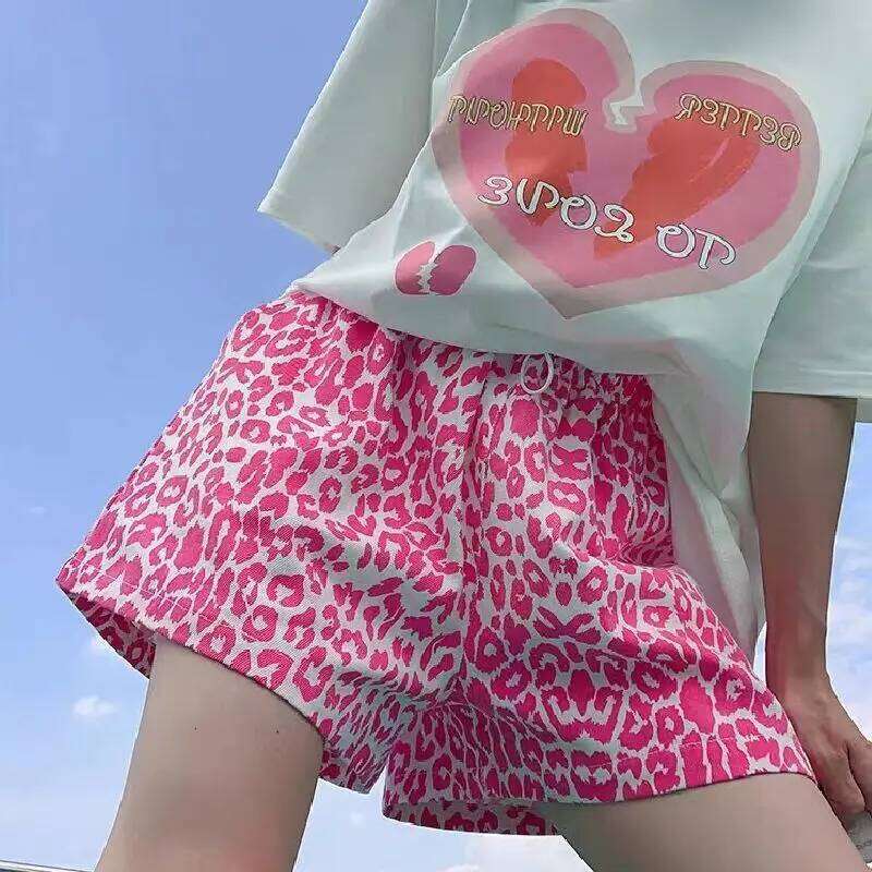 New Summer Blue Leopard Print Shorts for Women Loose Wide-leg Elastic Waist Personality Casual Jeans Hot Pants XJ260206