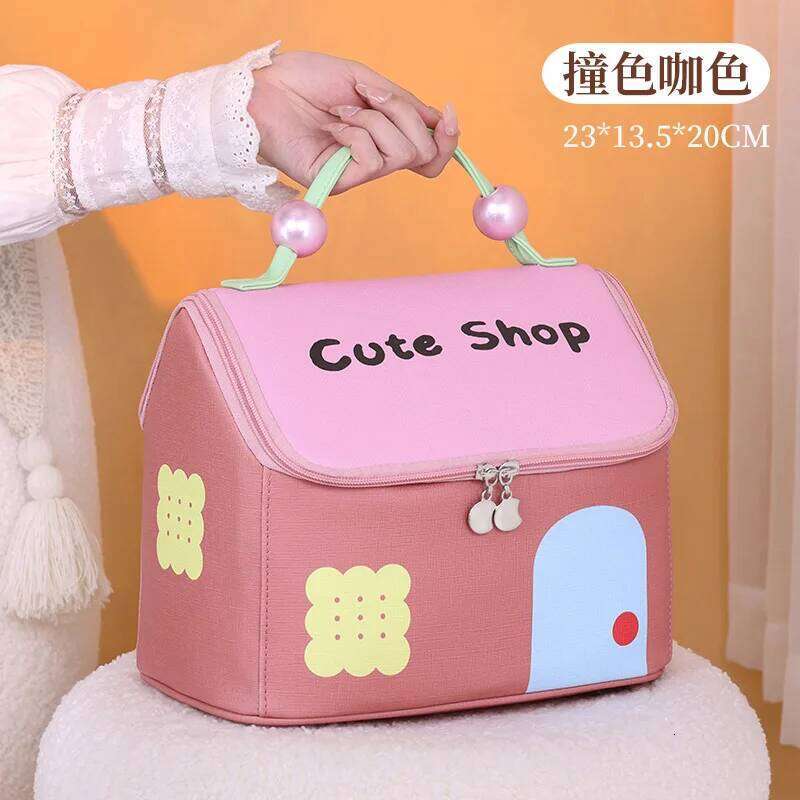 Cute Dopamine House Makeup Bag - Large Portable Cosmetic Organizer with Handles, Travel Toiletry Pouch for Women & Girls Y260206